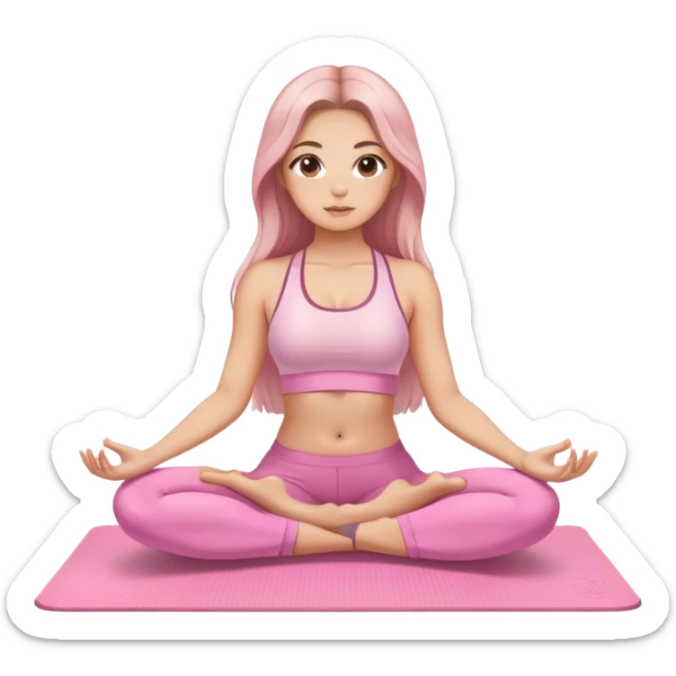 Balayage long hair and brown eyes yoga beautiful girl in light pink pink pink clothes sitting on a yoga mat sticker