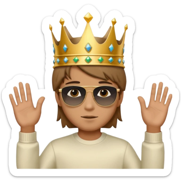 Un niño con cabello lacio no muy largo color marrón castaño,ojos marrones,piel no muy blanca, que tenga lentes de sol color negro,reloj en la mano derecha y una corona como sombrero sticker