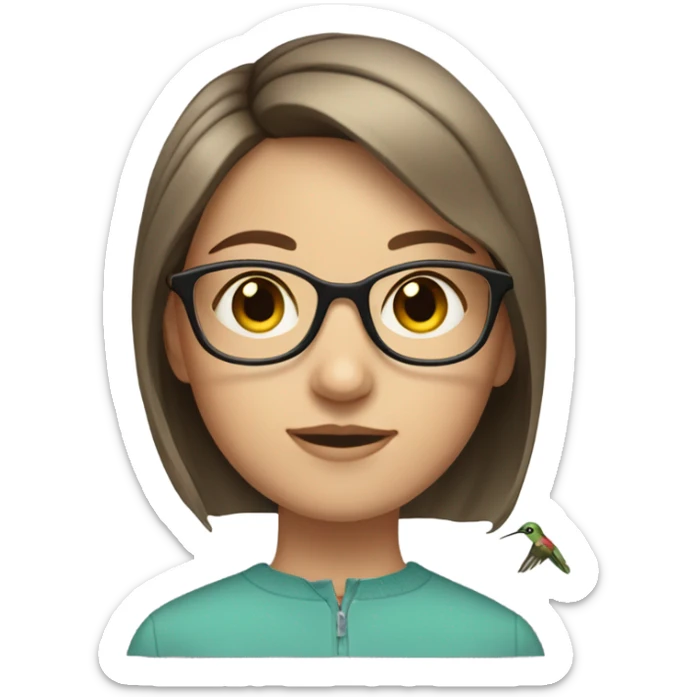 Girl pale , brunette, with short hair, wearing glasses with a hummingbird next to her sticker