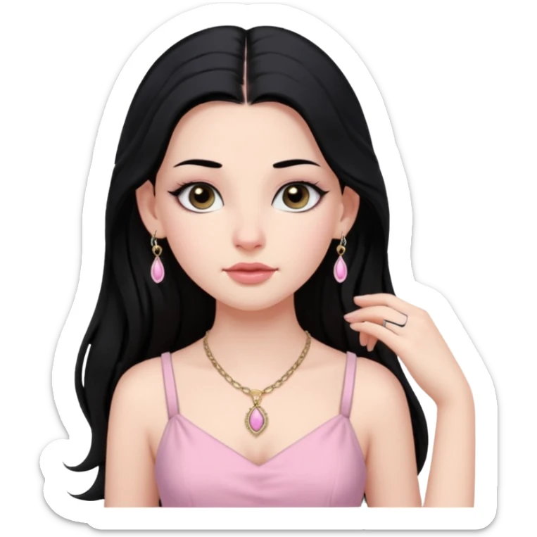 Menina branca ,cabelos longos cor preta , olhos cor preta puxados para cima. Cílios longos, lábios grossos ,nariz pequeno.vestido rosa claro de alça. Jovem de 16 anos .colar e brinco vivara sticker