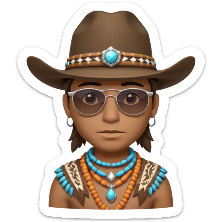 cute Indigenous tribal male portrait, head and shoulders only, cowboy hat, sunglasses, tribal jewelry, confident expression, 3D cartoon, mobile game icon style, clean background, no text, no watermark
 sticker