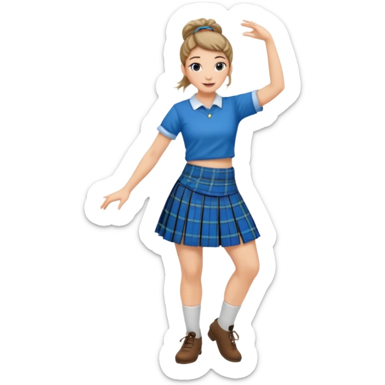 Female highland dancer with hair in bun wearing blue plaid kilt and dancing sticker