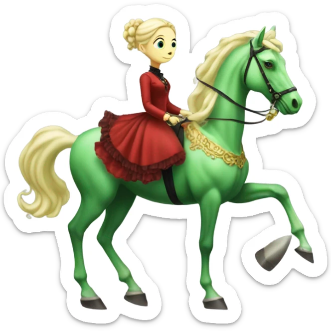 "galora green blonde alien woman" in red Victorian elegant dress, full body, rides "horse gold and white"
 sticker