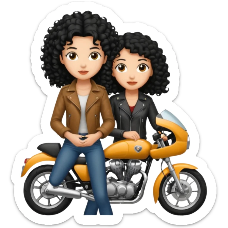 A motorcyclist and a shorter girl with curly black hair, facing each other. sticker