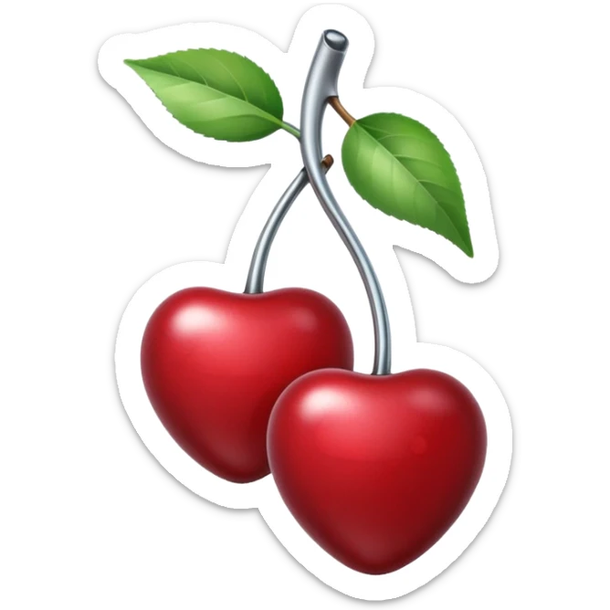 A pair of cherries emoji made of polished silver chrome, smooth rounded shapes, glossy metallic finish, soft highlights and reflections, cute proportions, iOS emoji style, centered, clean white background, no text sticker