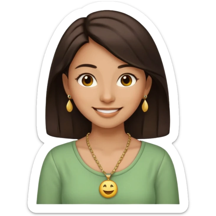 smiling young woman emoji with dark brown hair, brown eyes, nose piercing, wearing green and cream blouse and gold necklace, radiating happiness and calm sticker
