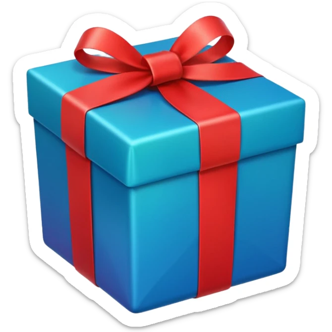 A square gift box tied with a bright red ribbon, in Apple iPhone emoji style. Vibrant colors, smooth gradients, glossy highlights, clean simple shapes, no outlines, slight 3D depth. sticker