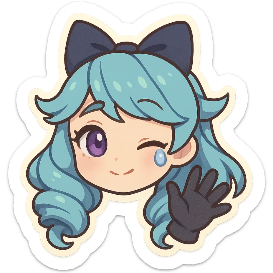 chibi style head of Gwen from League of Legends, right eye purple, one hand waving with glove, expressing a goodbye emote, gentle smile with a tear, no letters sticker