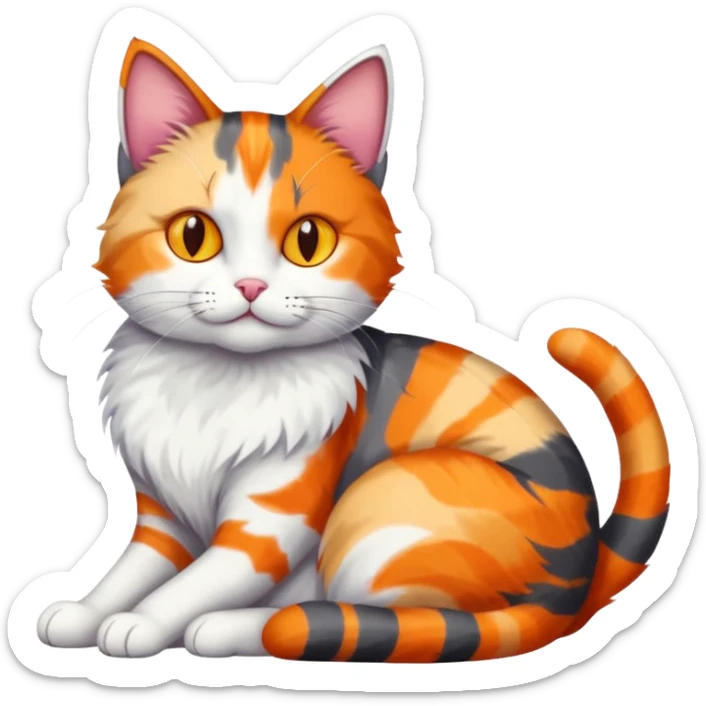 full body dark grey and white cat cuddling a colourful light patched calico + white tabby cat  sticker