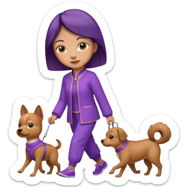 Chinese woman wearing purple outfit walking 1 small brown dog sticker