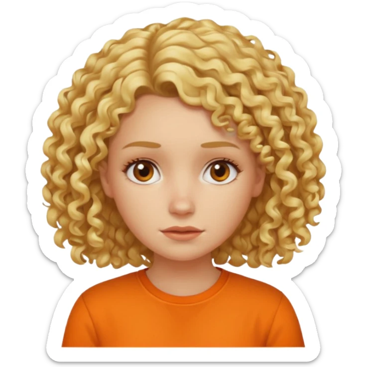 curly blond hair woman in orange shirt no smile sticker