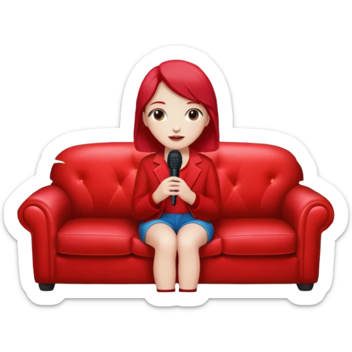 red velvet couch, mic in front, houseplants in back, and a neon sign saying "karaoke" sticker