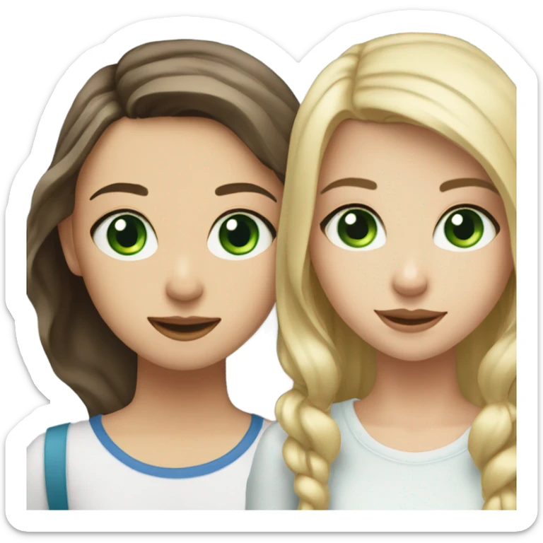 A brunette girl with green eyes making en cute picture with a blond girl with blue eyes and braces sticker