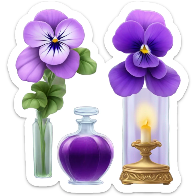 A pink aesthetic still-life: a decorative candle in a glass jar, violet pansies in a crystal vase, and an ornate purple perfume bottle sticker
