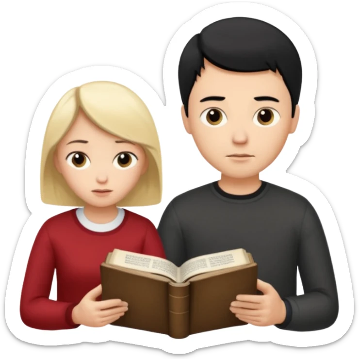 Crie uma figurinha pra stories de uma biblia aberta e um casal lendo (homem loiro e mulher branca cabelos pretos baixinha) sticker