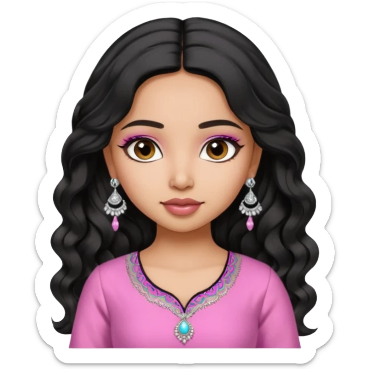 a pretty bratz fair indian girl wearing a pink kurti,  Silver jhumkas, black wavy hair sticker