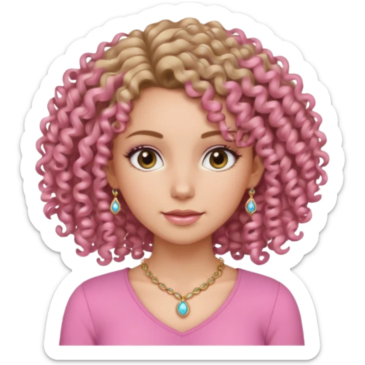 a girl with a tight pink shirt and curly hair with a little make up and pale ish tan skin with jewelry  sticker