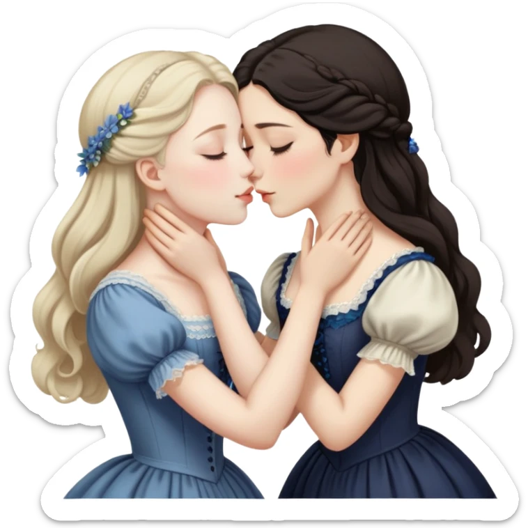 Two Victorian women sharing a gentle kiss, eyes closed, one with dark hair and one with light hair, both wearing modest dark Victorian dresses sticker