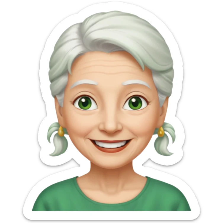 abuela con ojos verdes, pelo blanco, pelo blanco y amarrado, aspecto feliz, pelo blanco, no verde, solo verde los ojos sticker