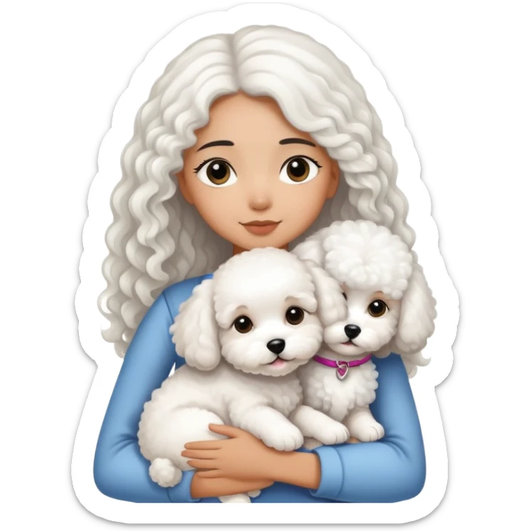 A girl with long straight black hair hugs a white curly-haired Bichon Frise puppy sticker