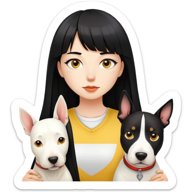 girl with long black  straight bangs hair and a Springer dog  and yellow bull terrier sticker