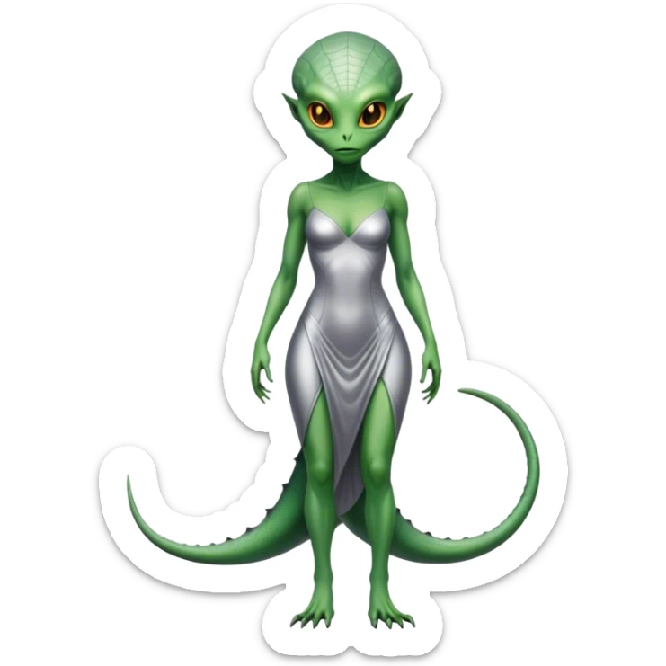 Green Alien reptilian woman without a tail, in silver dress, full figure, yellow eyes sticker