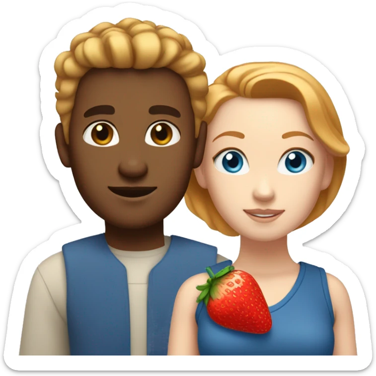 White woman with blue eyes and strawberry blonde hair standing next to a tan man with blue eyes and brown hair in bun. sticker