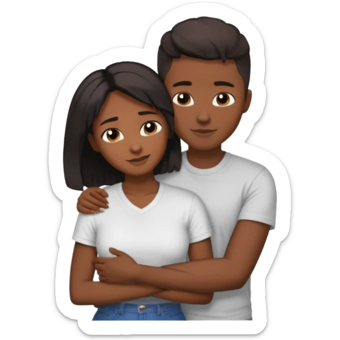 Black lesbian couple with one dark skin masculine with short hair low cut fade with a t shirt and one feminine with long hair in a blouse hugging  sticker