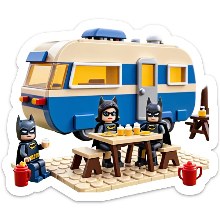  Ultra cute futuristic Lego detailed Batman and pretty Catwoman dream house Caravan with picnic table and folding chairs alone at romantic afternoon (hot chocolate and cheeseburgers on the grill) sticker