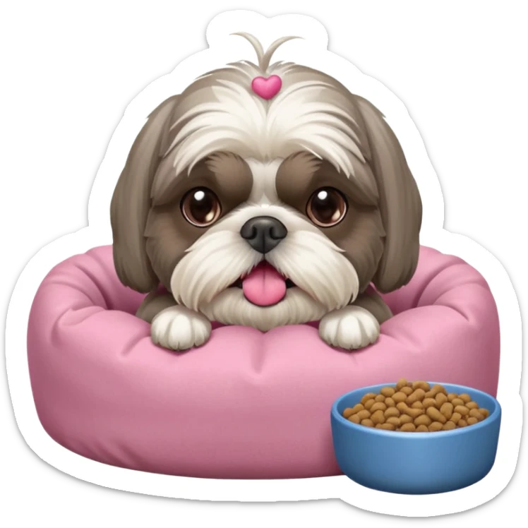 old ALL grey shih tzu in pink dog bed tongue hanging out near bowl of food sticker