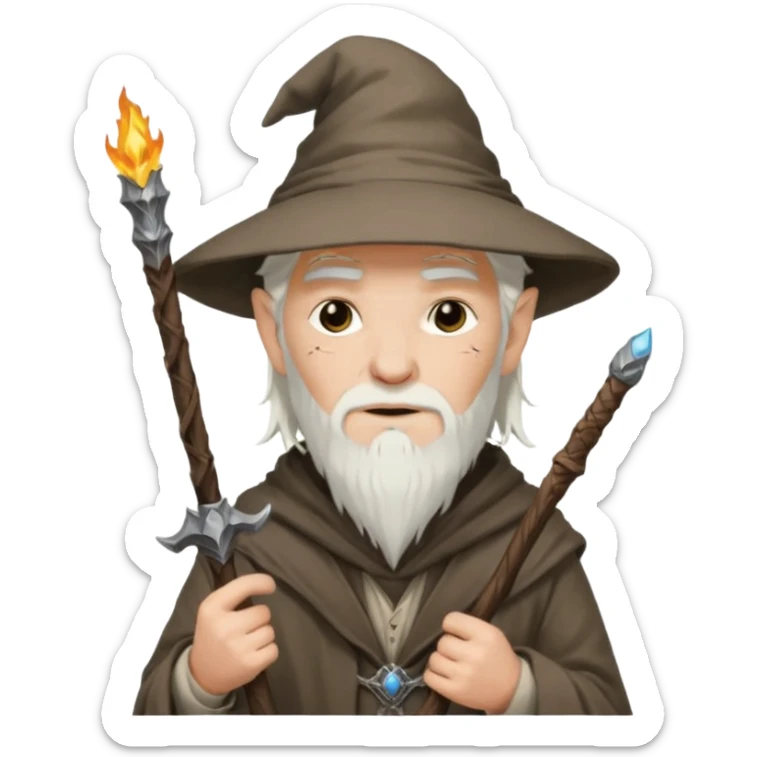 A punk guy with white hair, wearing a hat, holding a Gandalf staff and an AK-47 sticker