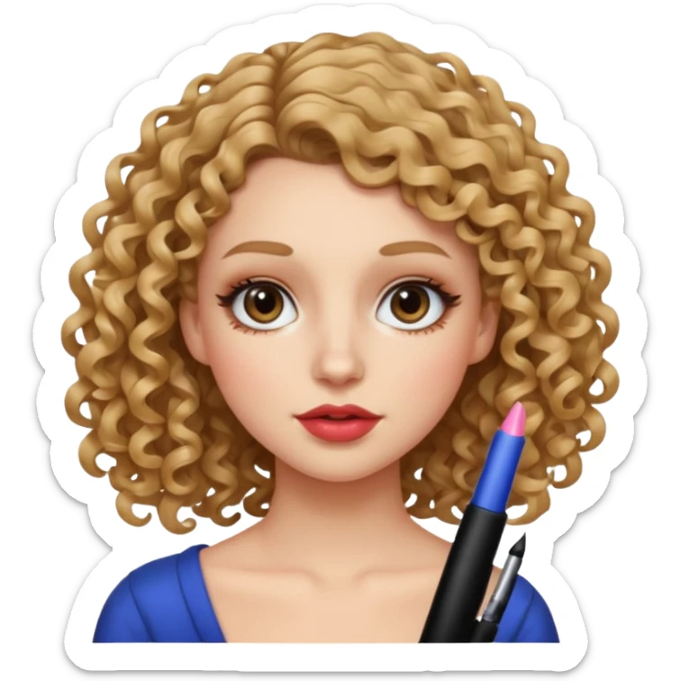 White Girl with shoulder length curly hair, wearing lip liner with lip gloss and mascara. sticker