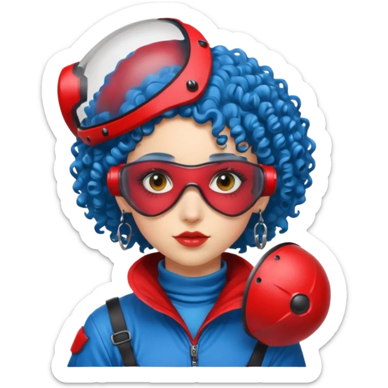 blue curly haired girl with huge earrings wearing red paintball helmet with eye protection, only face  sticker