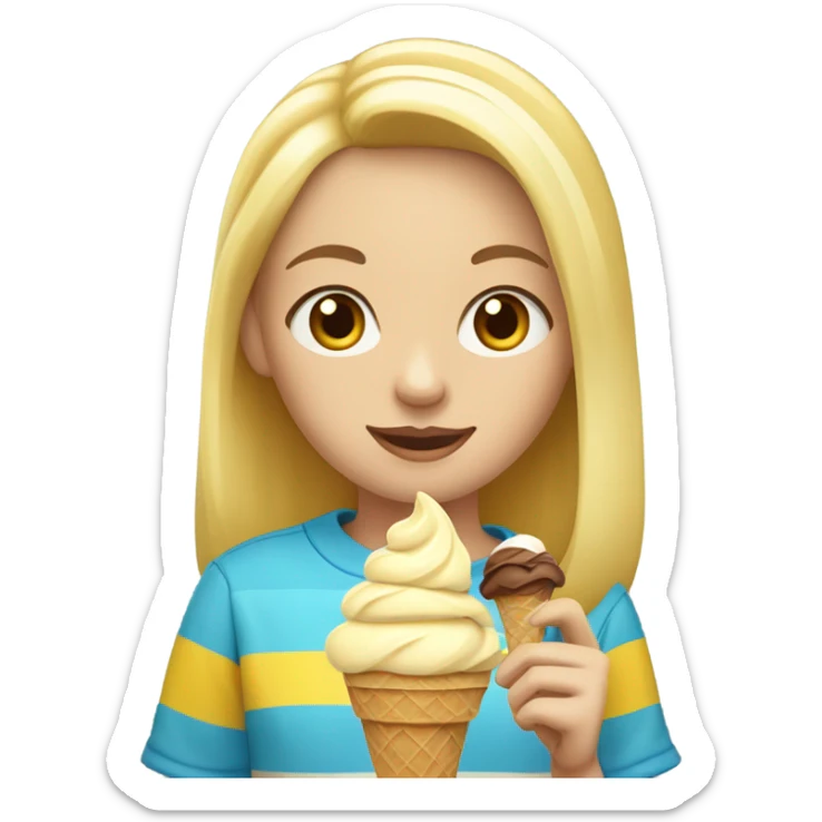 Girl with blonde hair, blue eyes, yellow striped shirt, holding vanilla ice cream cone sticker