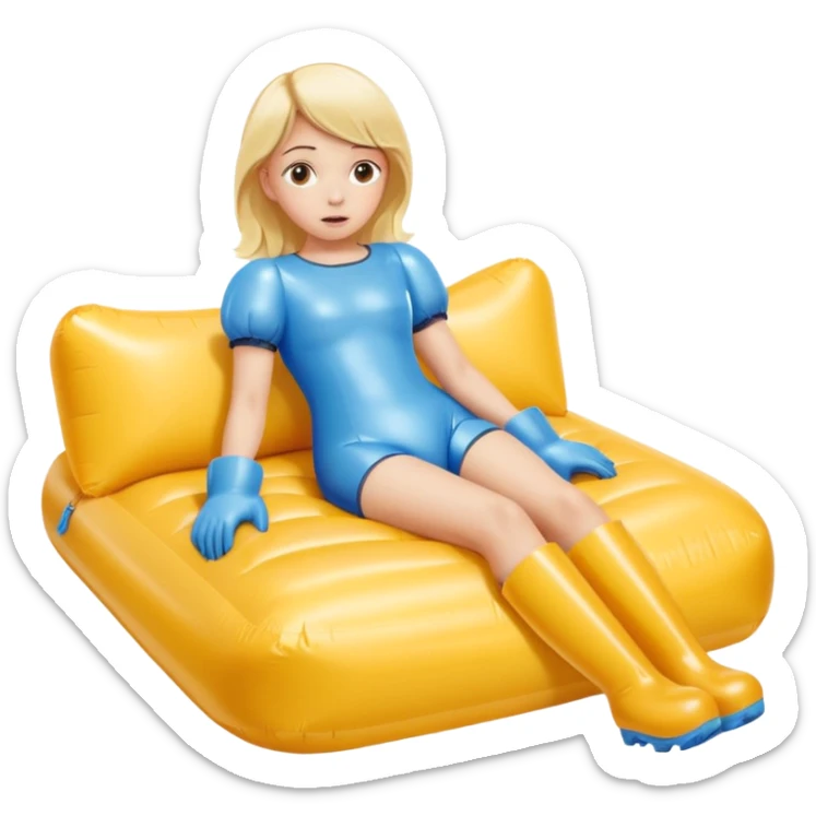 chica rubia con cara de miedo con unas botas de presoterapia gigantes inflables tirada en una cama amarilla sticker