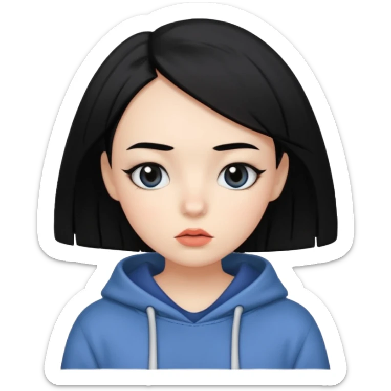 A bit white,has black hair and eyes, hush cut hair, has cute makeup, baggy clothes sticker