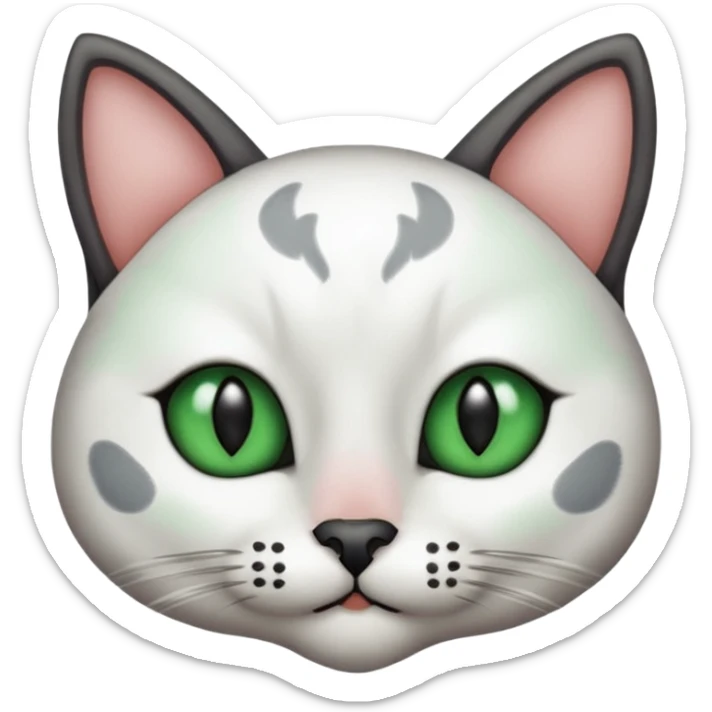 Haz una gata de ojos verdes la cara blanca con mancha negra en las orejas que agarra parte de la frente del lado der pero del iz va desde el ojo hasta la oreja la mancha, tiene la nariz negra en forma de corazón y todo lo que sobra de la cara, barbilla la nariz arriba y el lado de bigotes es blanca sticker