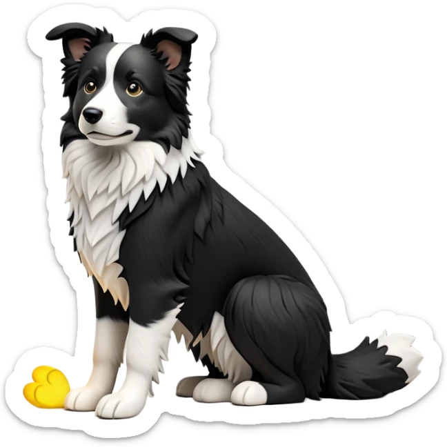 cinematic-[border collie dog]-realistic-full-body-sitting-emoji,-tail-resting-loosely-beside-its-paws,-head-tilted-dramatically,-scruffy-[black and white]-fur,-simplified-yet-realistic-focused-features,-highly-detailed,-glowing-with-an-almost-sarcastic-glow sticker