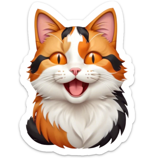 Cinematic Cute Yawning Calico Cat Portrait Emoji, Head tilted mid-yawn with a charming, relaxed expression, showcasing a soft patchwork fur of vibrant orange, black, and white, simplified yet irresistibly adorable, highly detailed, glowing with a cozy, gentle radiance, high shine, exuding sleepy yet endearing charm, styled with a soft glowing outline, capturing the essence of a calico cat caught in a delightful yawn that seems ready to cuddle up for a nap! sticker