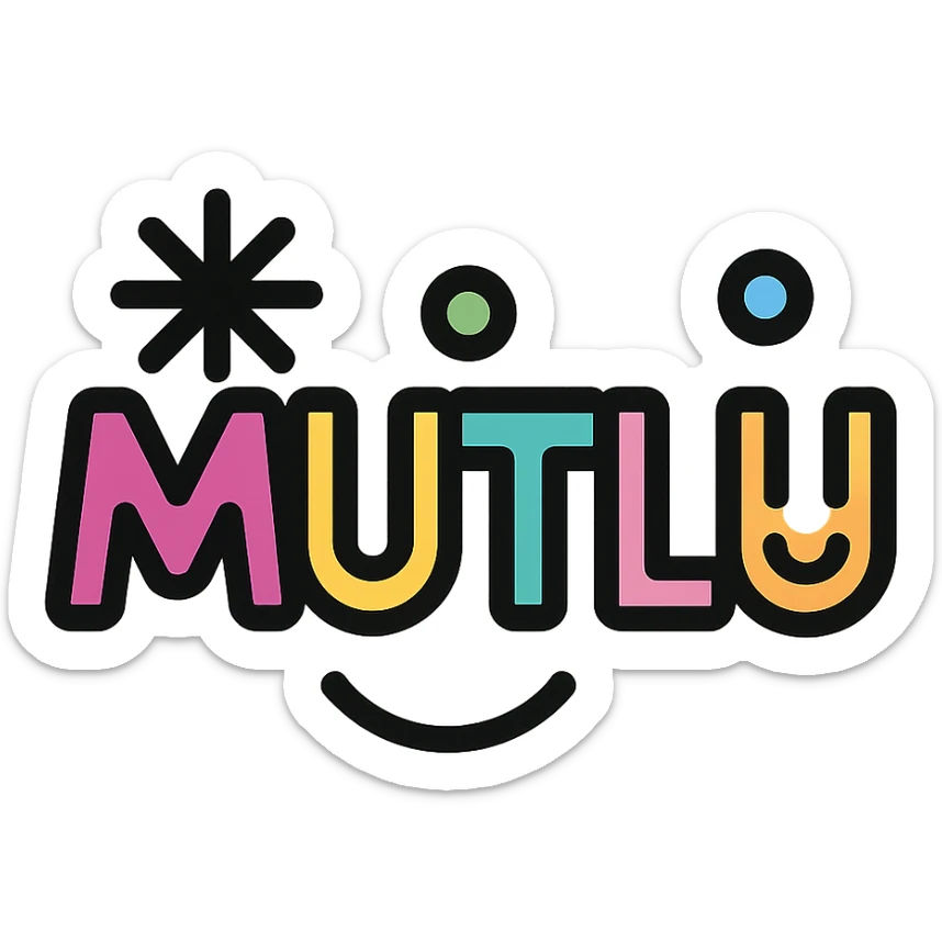 the word 'mutlu' in a colorful lineal icon style, playful and friendly, with color accents sticker