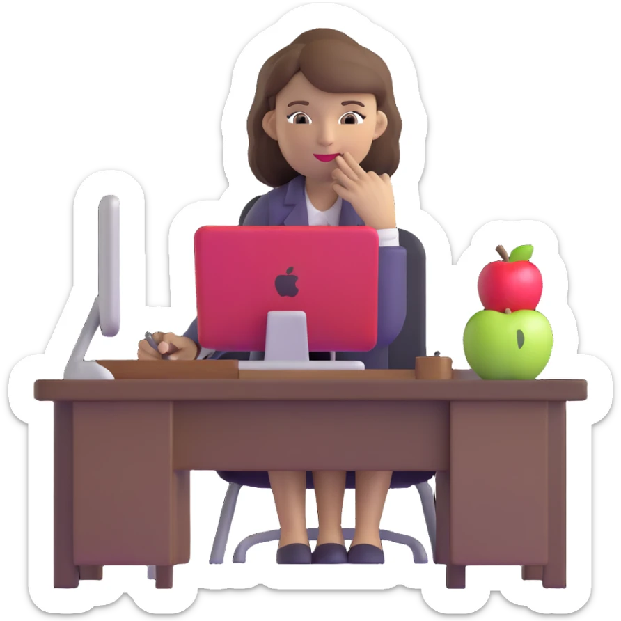 woman English teacher with brown hair, at a desk with an apple sticker