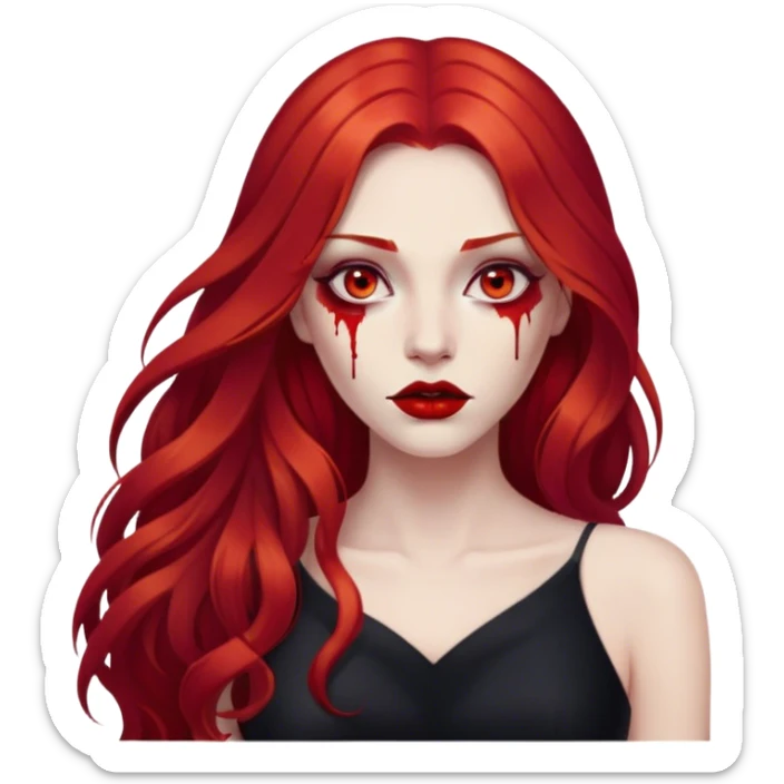 a woman with long red hair and red eyes. The woman wear a black dress. She have red lipstick. blood on face sticker