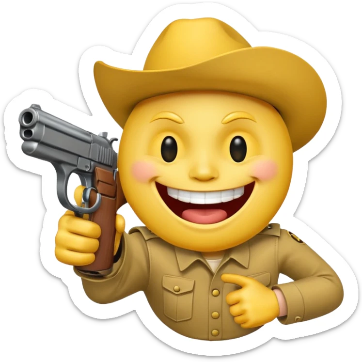 Yellow laughing face pointing gun at its own mount. The barrel of the gun is pointed towards the smile into the mouth sticker