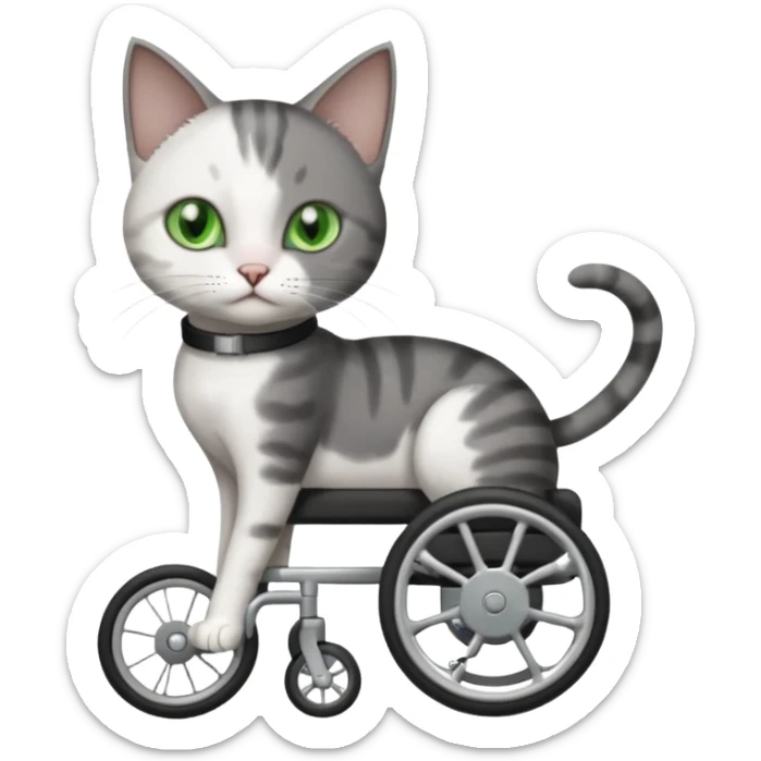 full body small short hair dark grey and white cat with green eyes walking in a wheelchair for cats sticker