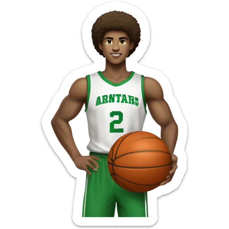 Afro light-skinned muscular  skinned male teenager in a green basketball uniform holding a basketball.  sticker