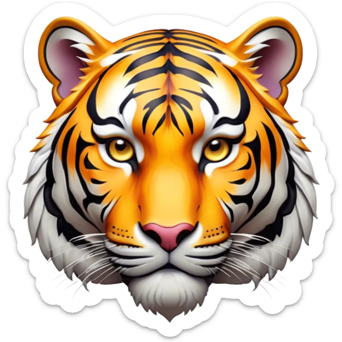 Cinematic Noble Tiger Portrait Emoji, Poised and regal, with a powerful, muscular build draped in striking, vivid stripes and intense, focused eyes, Simplified yet sharp and sophisticated features, highly detailed, glowing with a soft, wild luminescence, high shine, intelligent and majestic, stylized with an air of untamed authority, focused and commanding, soft glowing outline, capturing the essence of a watchful and confident jungle guardian that appears ready to pounce out of the screen with effortless authority! sticker