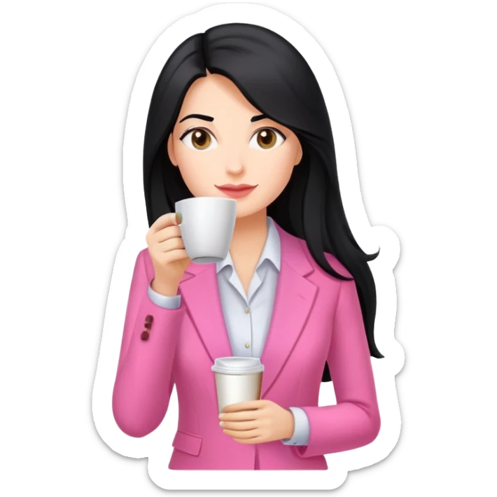 business dressing pink clothes woman  caucasian with a long black hair drinking coffee sticker