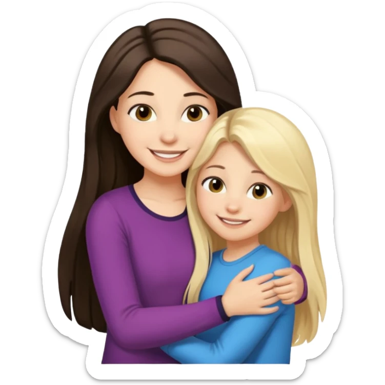 A beautiful mother with long dark brown hair hugging her cute 12yr old blonde hair daughter super happy sticker