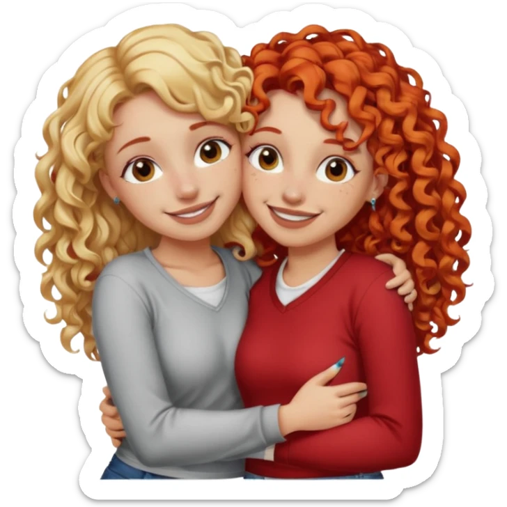 A woman with pencil straight, blonde hair and a nose piercing and a woman with curly red hair and a nose piercing are hugging and smiling together. sticker