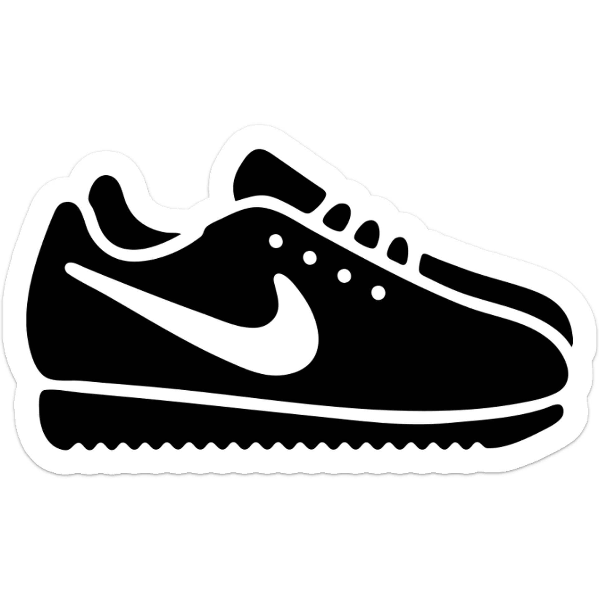 A pair of Nike Cortez sneakers in a black filled icon style, with a swoosh. sticker